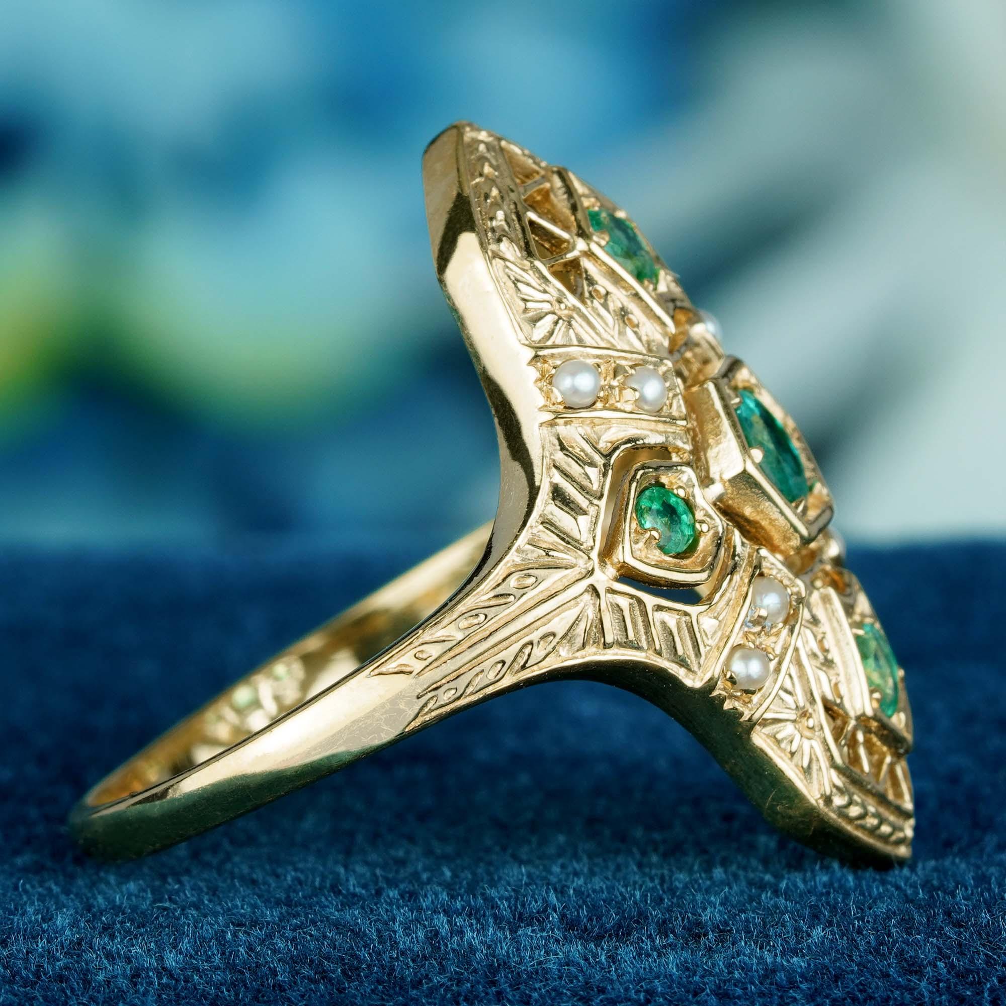 Round Cut Emerald and Pearl Art deco Style Geometric Three Stone Ring in 14K Gold For Sale