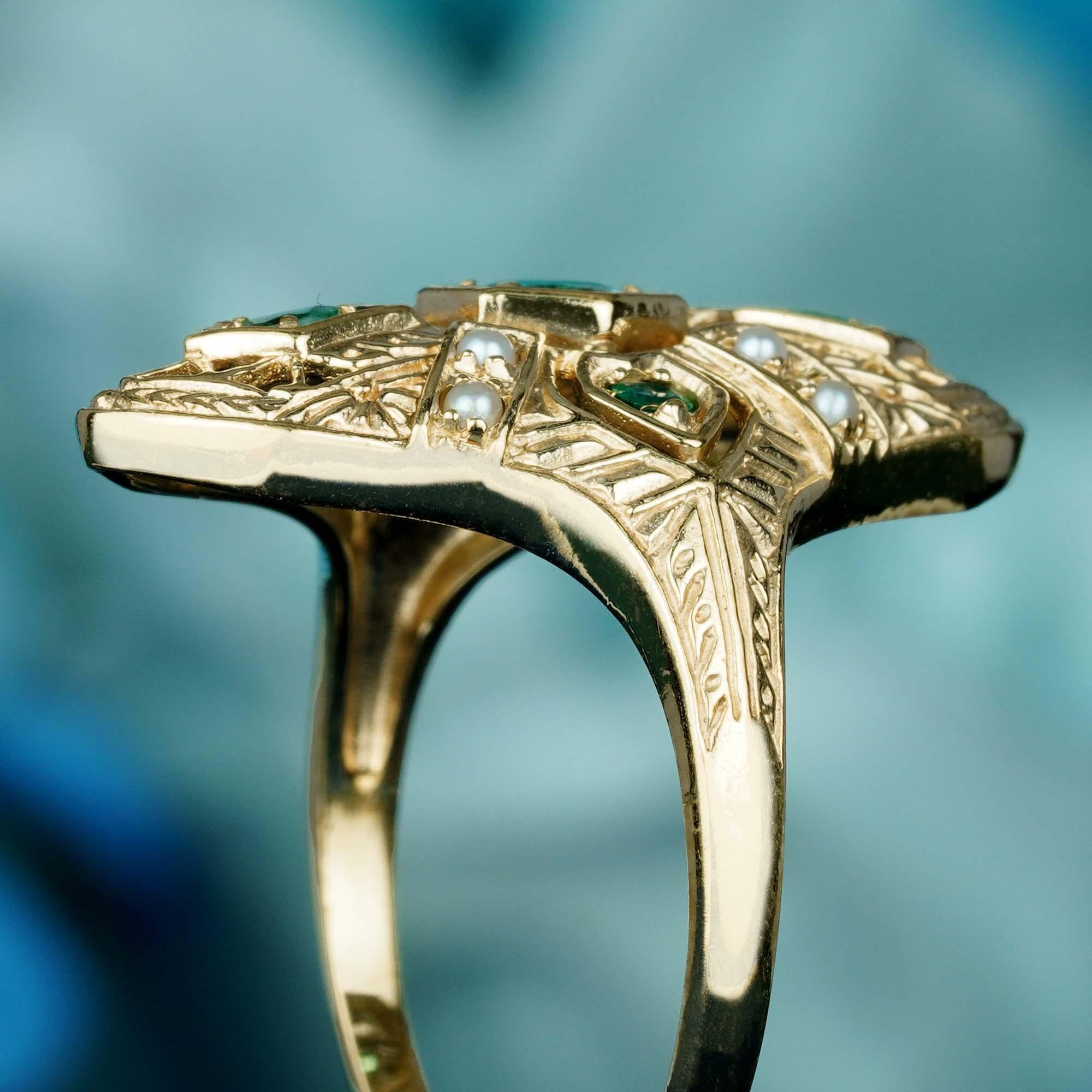 Women's Emerald and Pearl Art deco Style Geometric Three Stone Ring in 14K Gold For Sale