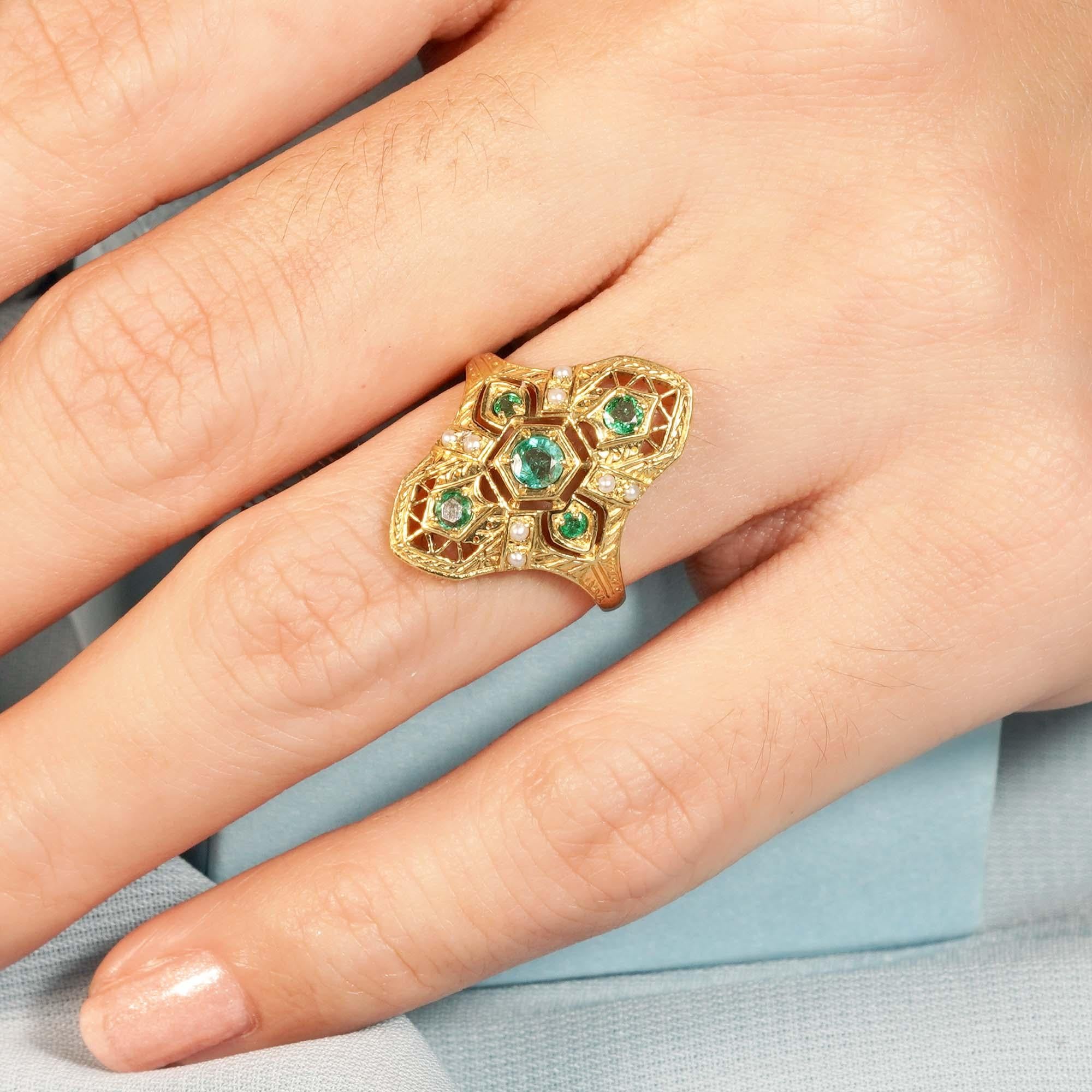 Emerald and Pearl Art deco Style Geometric Three Stone Ring in 14K Gold For Sale 1