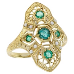 Emerald and Pearl Art deco Style Geometric Three Stone Ring in 14K Gold