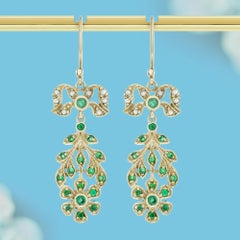 Emerald and Pearl Drop Earrings with Bow and Floral Motif in 9K Gold