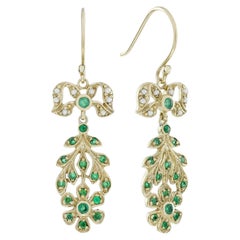 Emerald and Pearl Drop Earrings with Bow and Floral Motif in 9K Gold