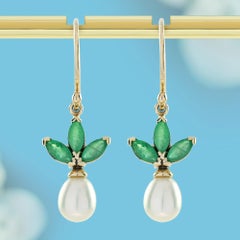 Emerald and Pearl Vintage Style Butterfly Earrings in Solid 9K Gold