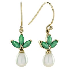Emerald and Pearl Vintage Style Butterfly Earrings in Solid 9K Gold