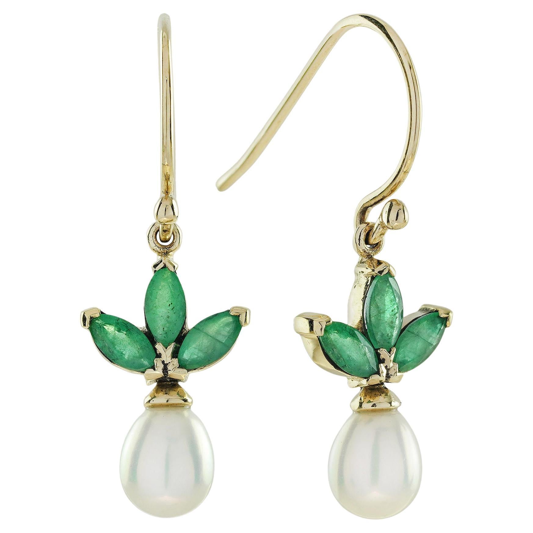 Emerald and Pearl Butterfly Drop Earrings in 9K Gold For Sale