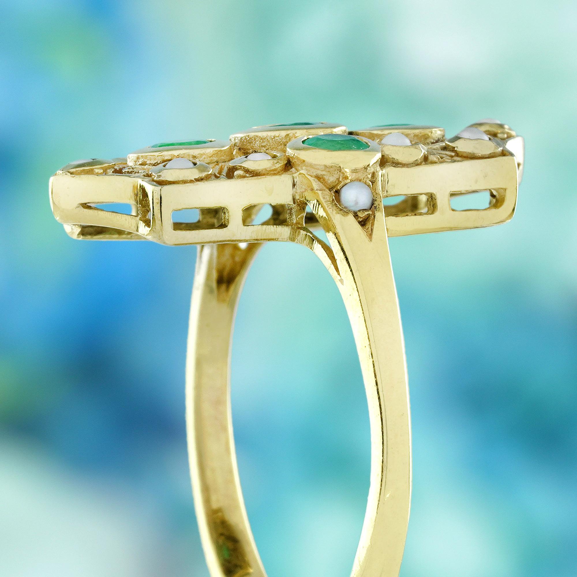 Donna Smeraldo e perla in stile vintage  Anello Cocktail in oro giallo massiccio 14K in vendita