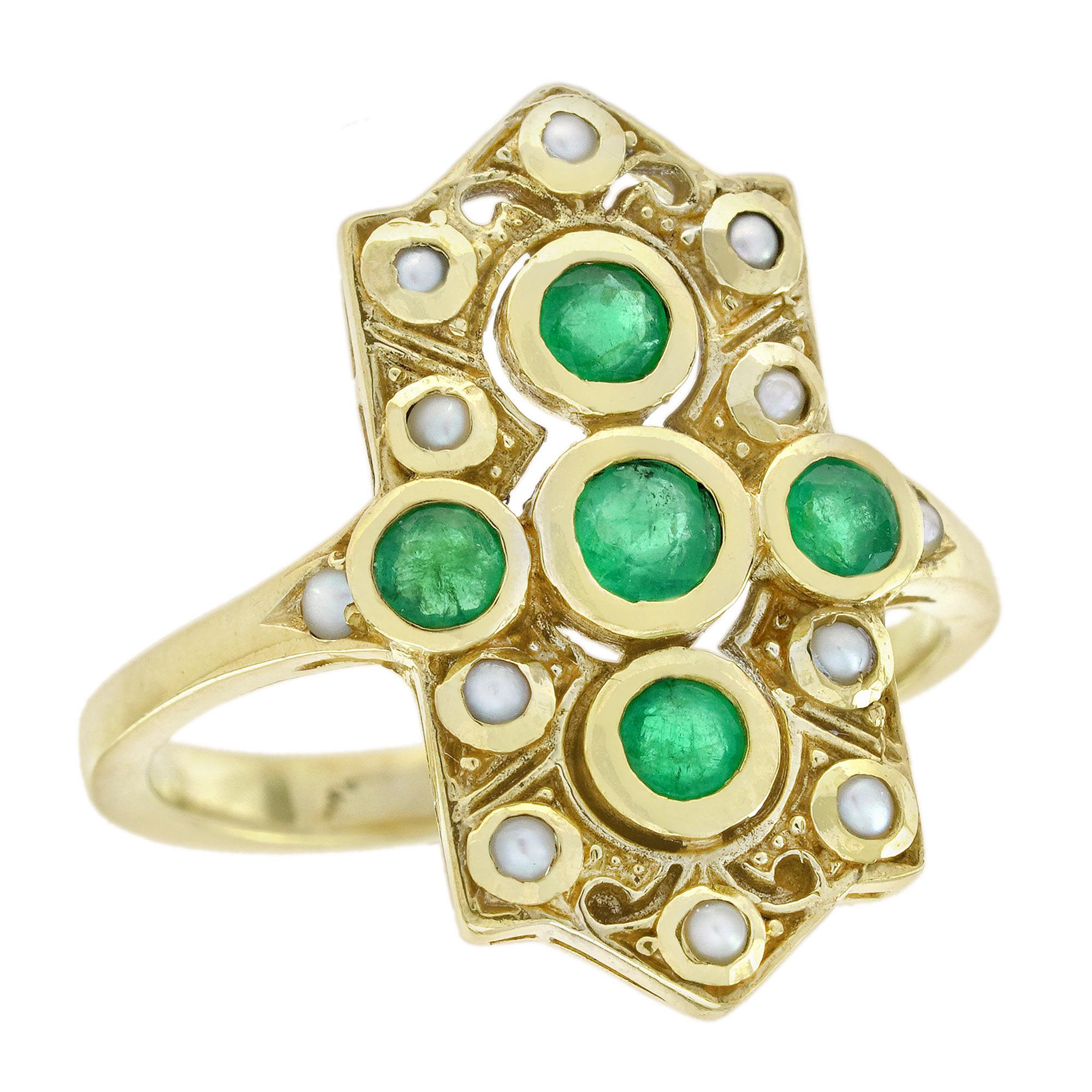 Emerald and Pearl Vintage Style  Cocktail Ring in Solid 14K Yellow Gold
