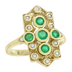 Smaragd und Perle Vintage-Stil im Vintage-Stil  Cocktailring aus massivem 14K Gelbgold