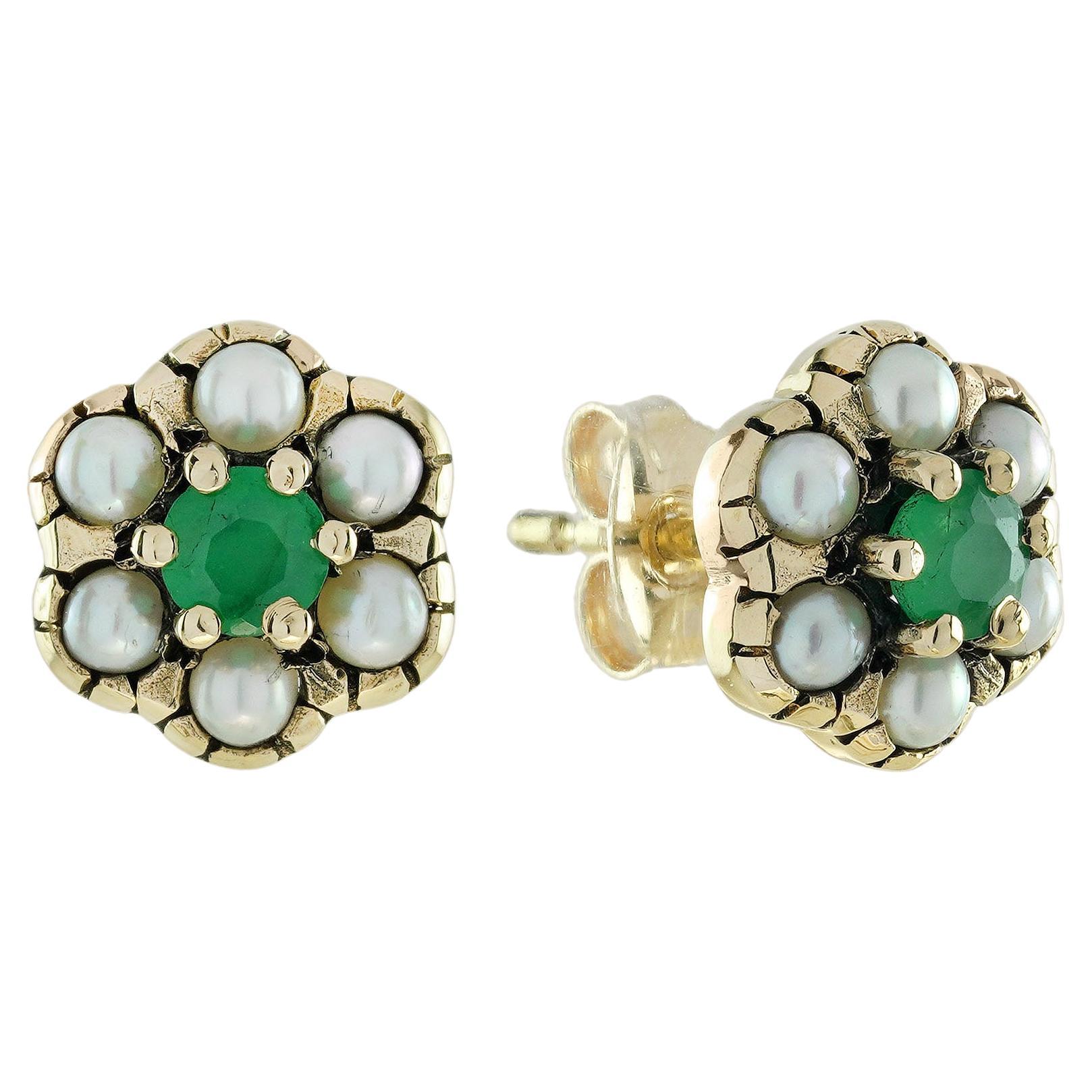 Emerald and Pearl Vintage Style Floral Cluster Stud Earrings in Solid 9K Gold