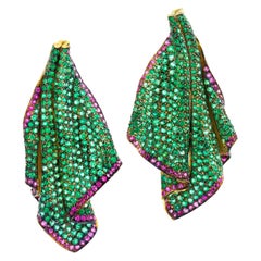 Rosior one-off Emerald and Pink Sapphire "Echarpe" Earrings set in Yellow Gold 