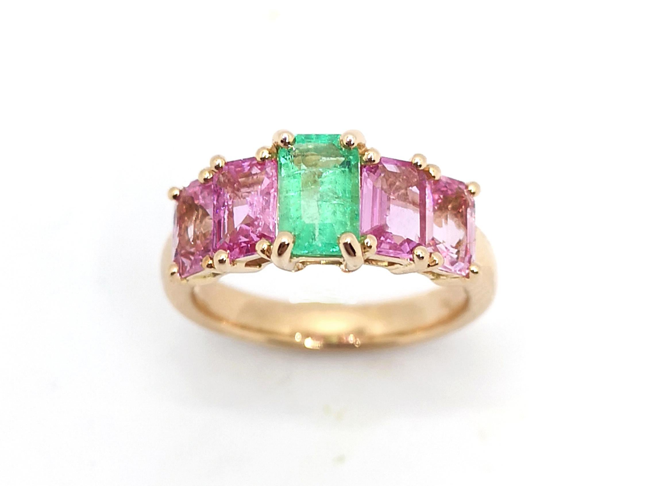 Anello con smeraldo e zaffiro rosa incastonato in oro rosa 18 carati in vendita 8