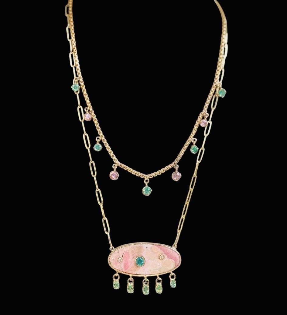Collana con smeraldo e spinello rosa in oro 14k in vendita 13