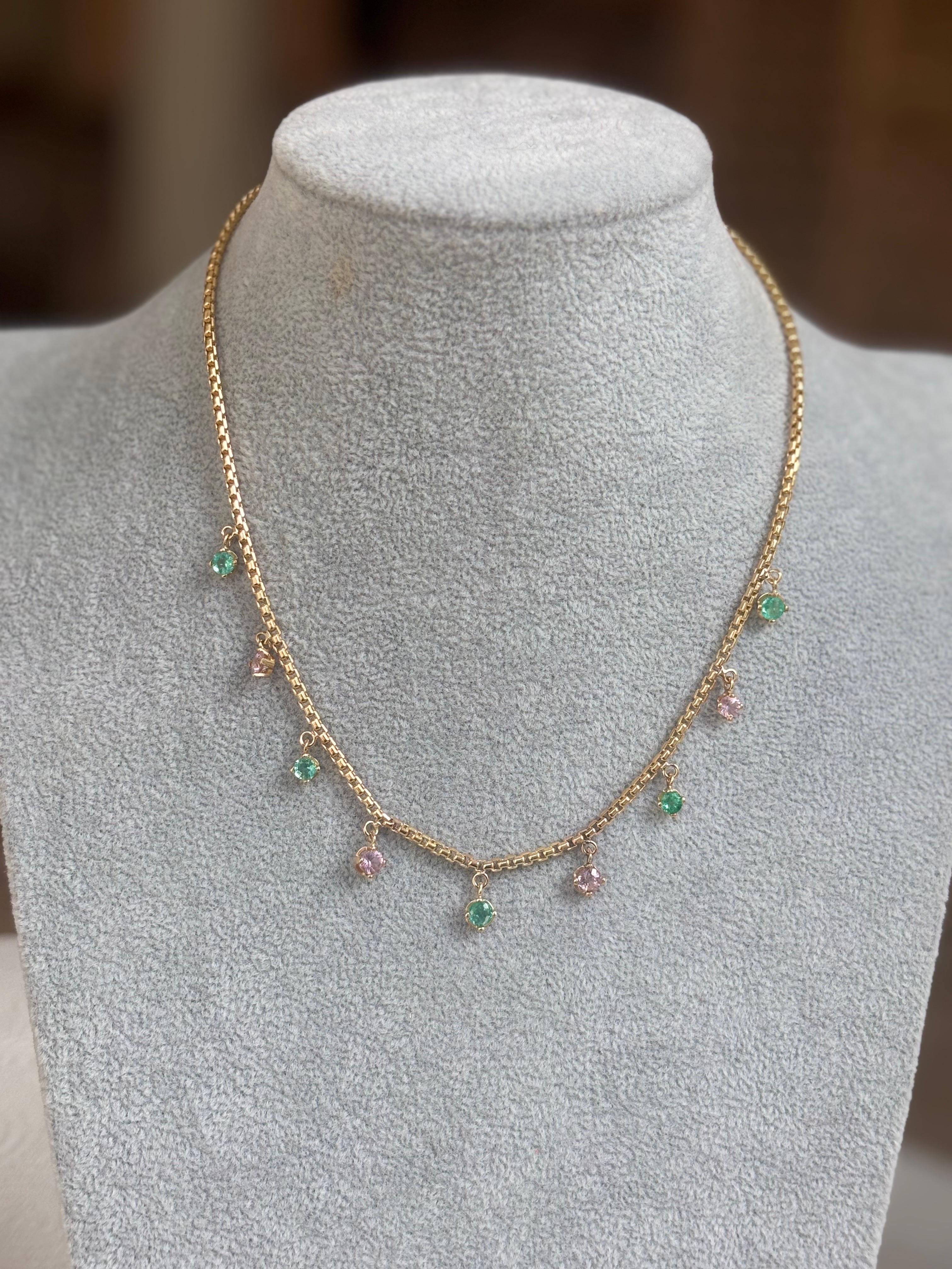 Collana con smeraldo e spinello rosa in oro 14k in vendita 14