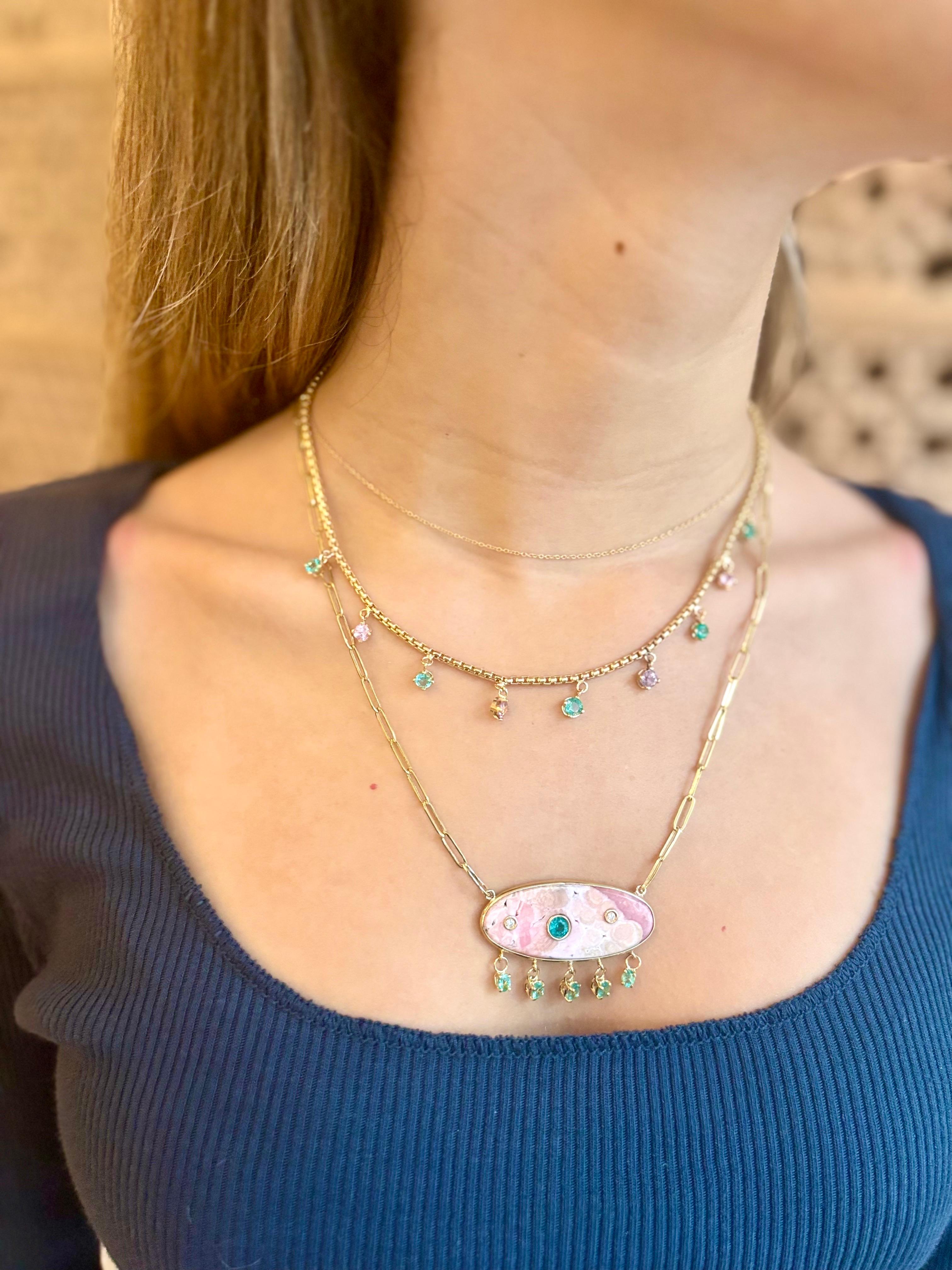 Collana con smeraldo e spinello rosa in oro 14k in vendita 15