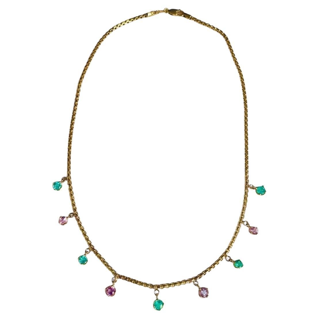 Emerald and Pink Spinel Necklace with 14k Gold For Sale