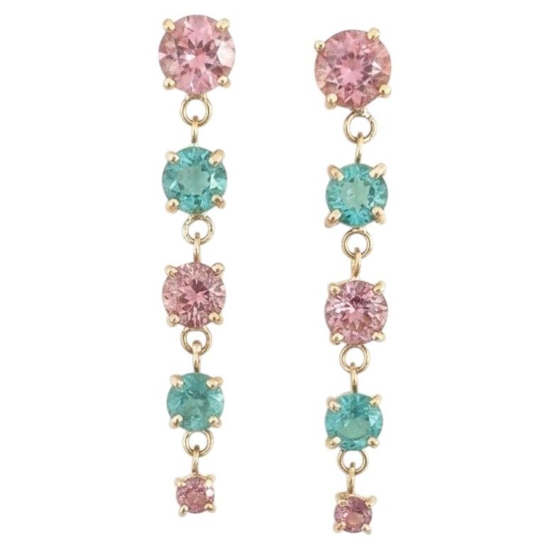 Emerald and Pink Tourmaline Drop Earrings with 14k Gold