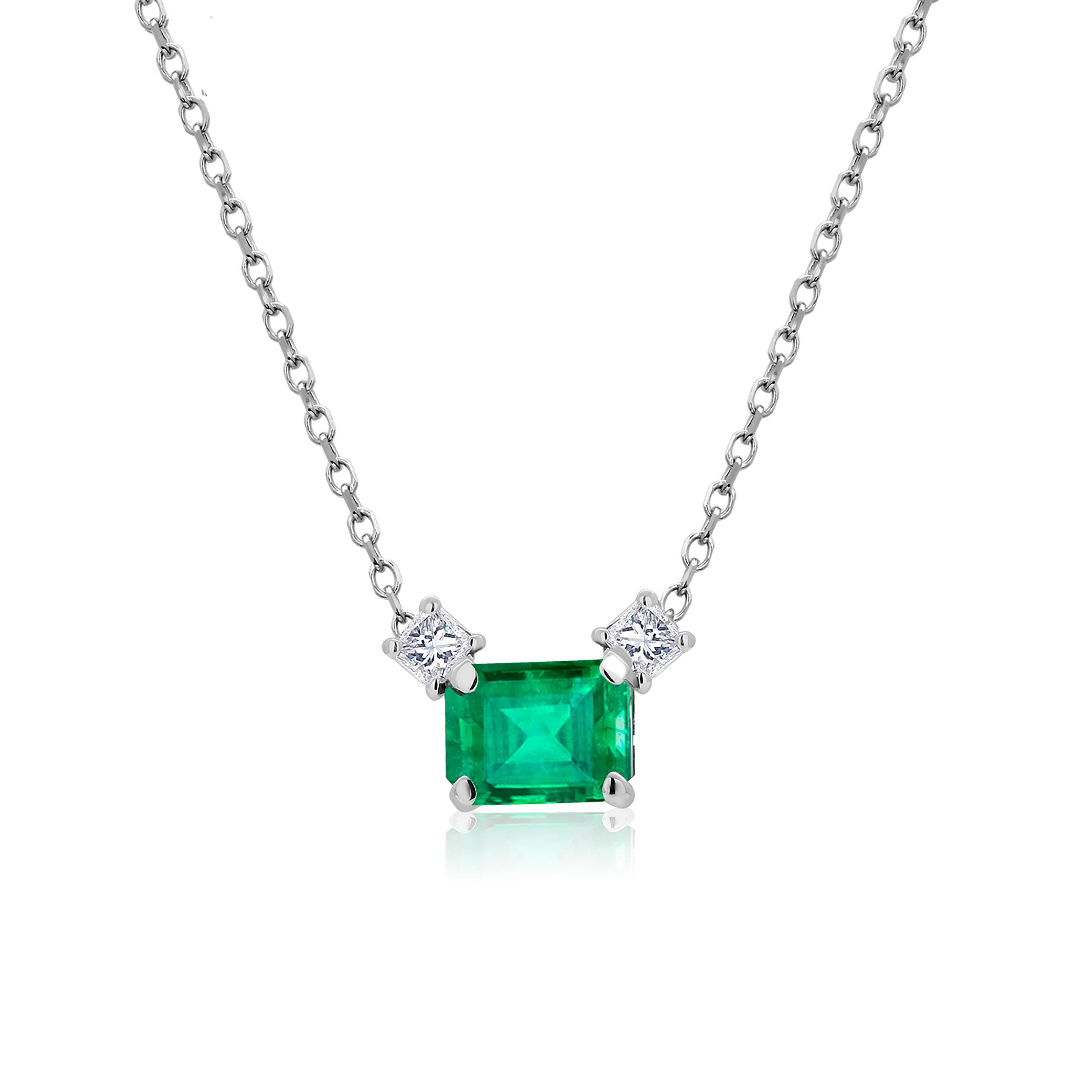 Emerald Cut Emerald and Princess Diamond Gold Drop Pendant Necklace