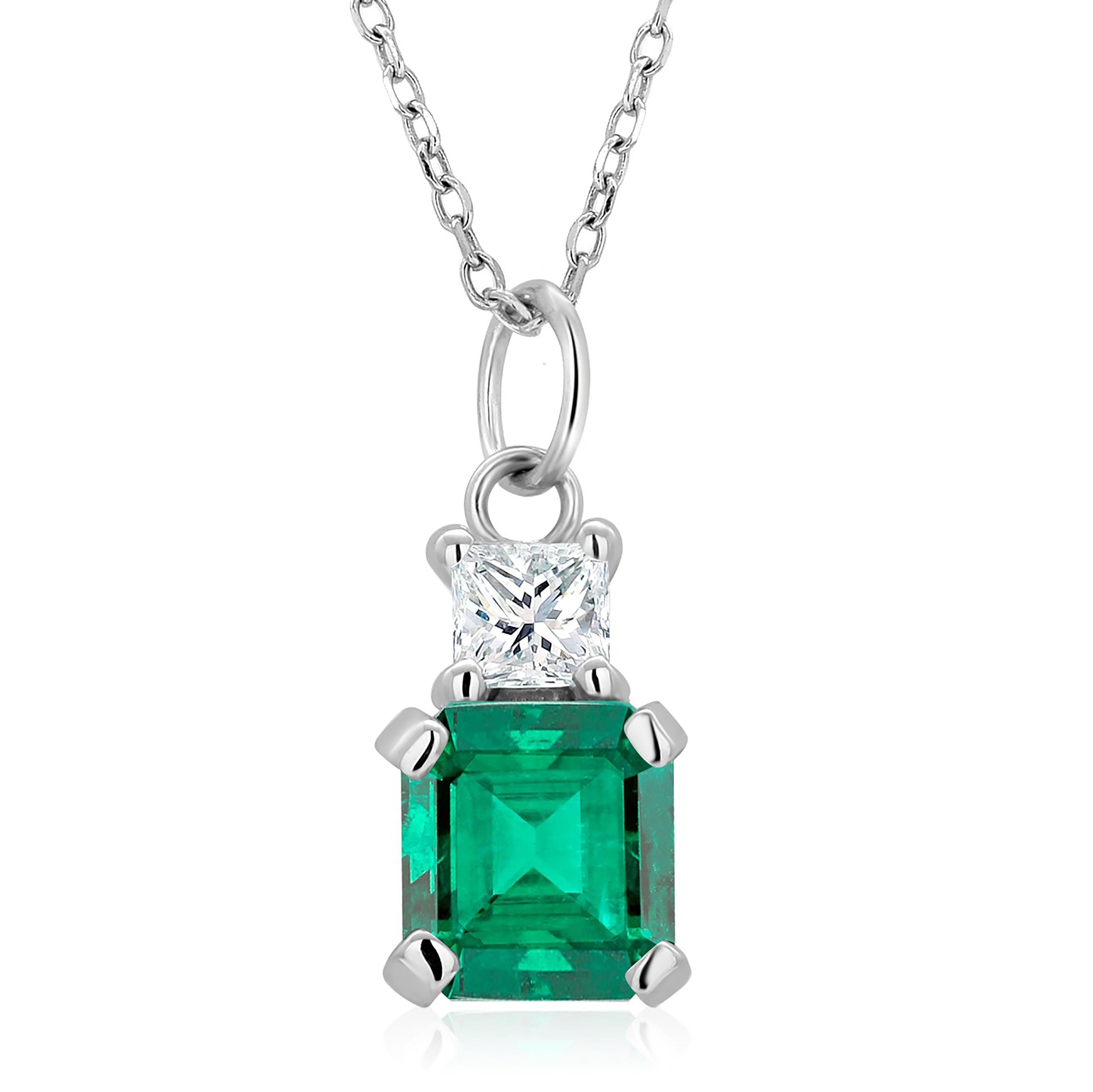 Modern Emerald and Princess Diamond White Gold Drop Pendant Necklace