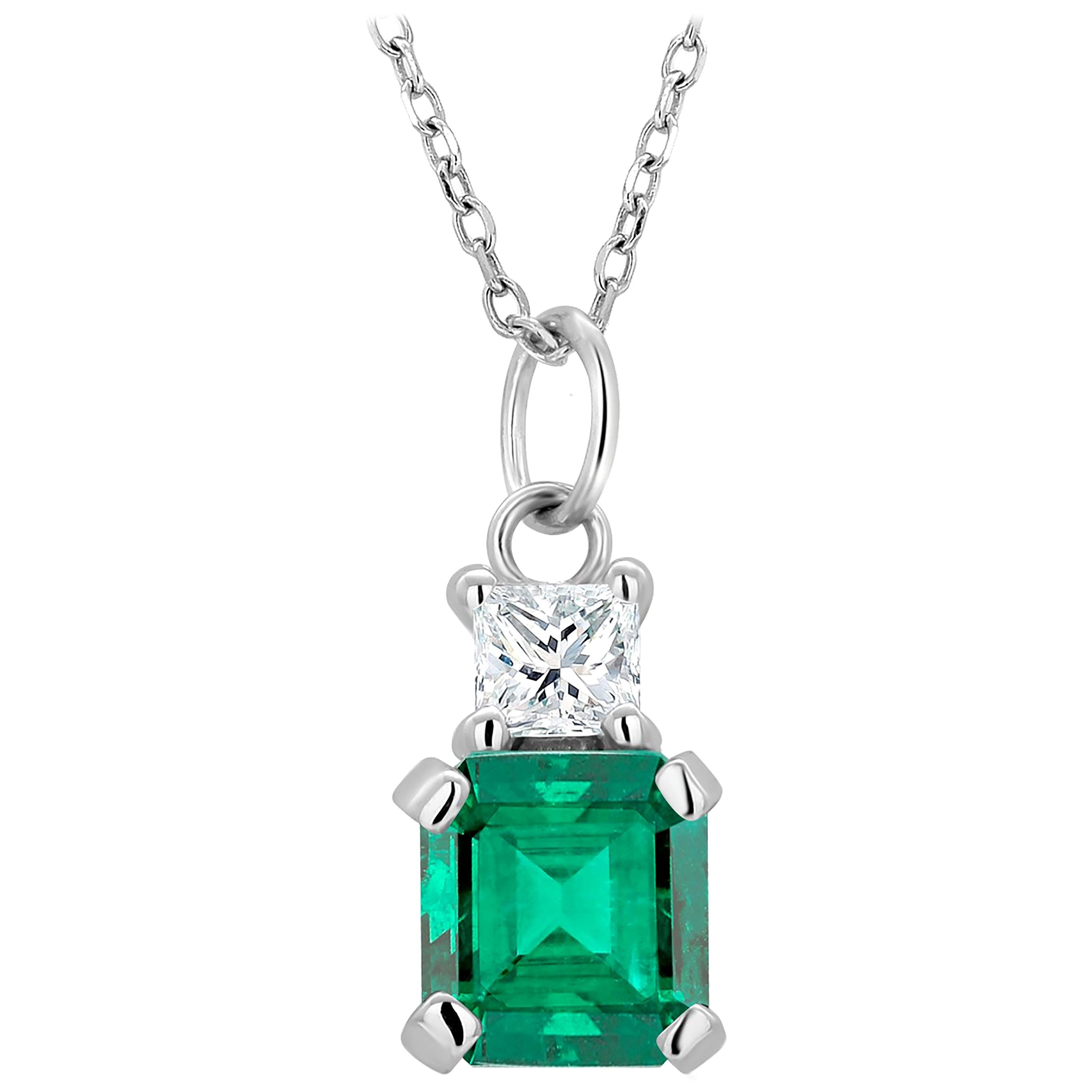 Emerald and Princess Diamond White Gold Drop Pendant Necklace