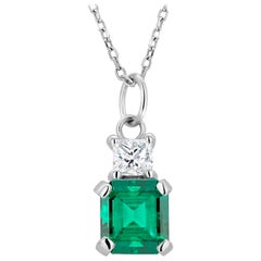 Emerald and Princess Diamond White Gold Drop Pendant Necklace