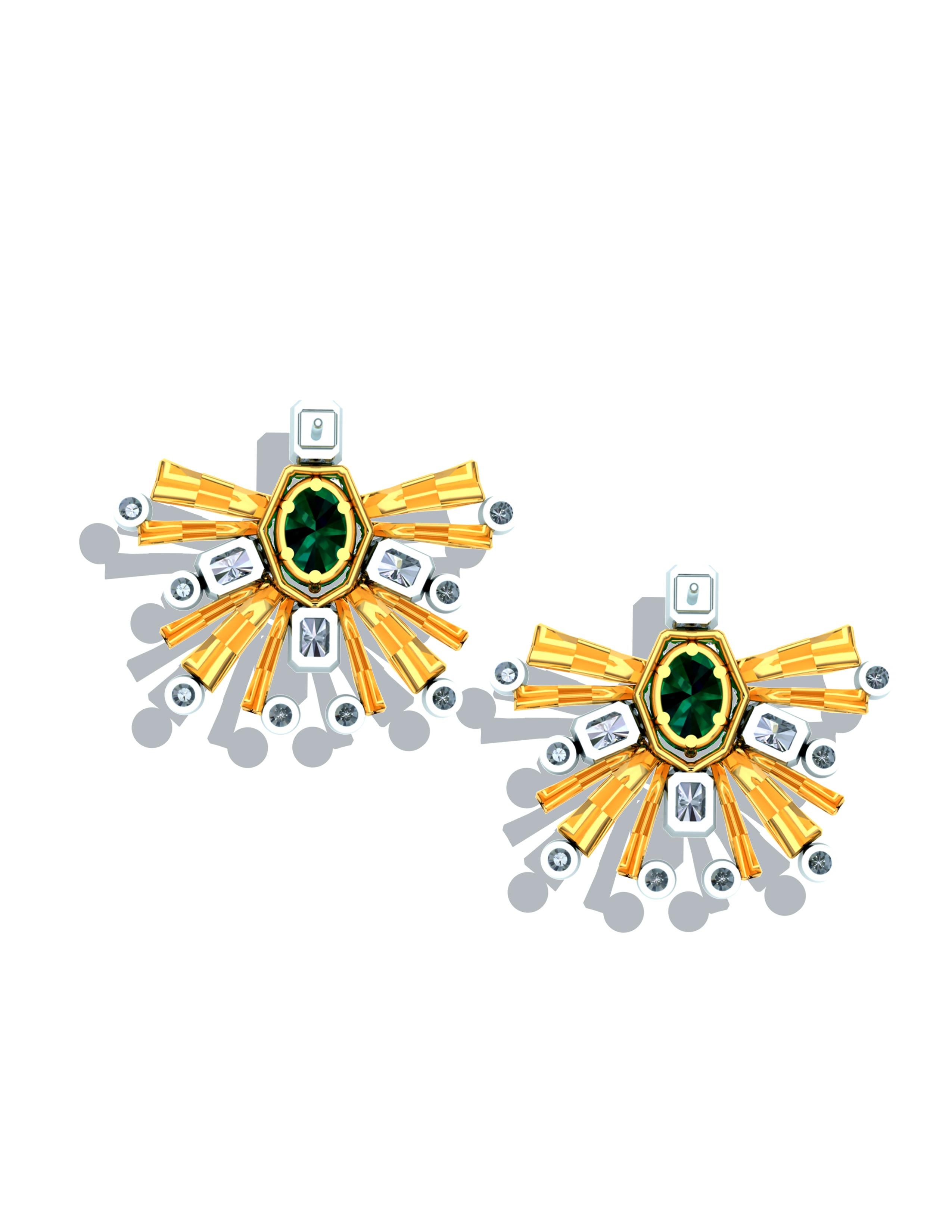 Retro Emerald and Radiant Diamond Cluster Starburst Earrings For Sale