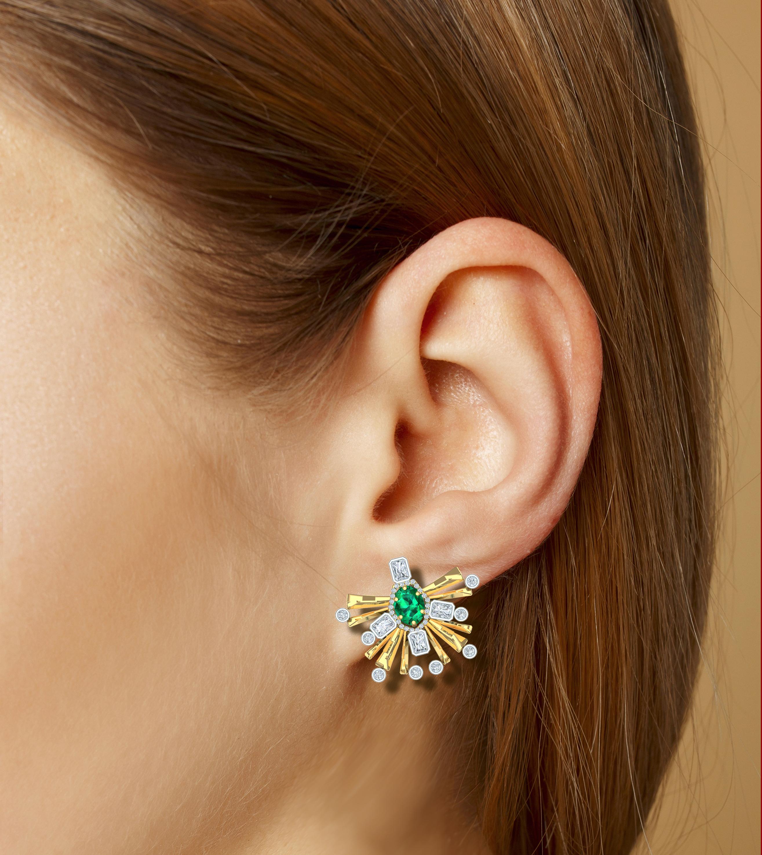 Emerald and Radiant Diamond Cluster Starburst Earrings In Excellent Condition For Sale In Aliso Viejo, CA