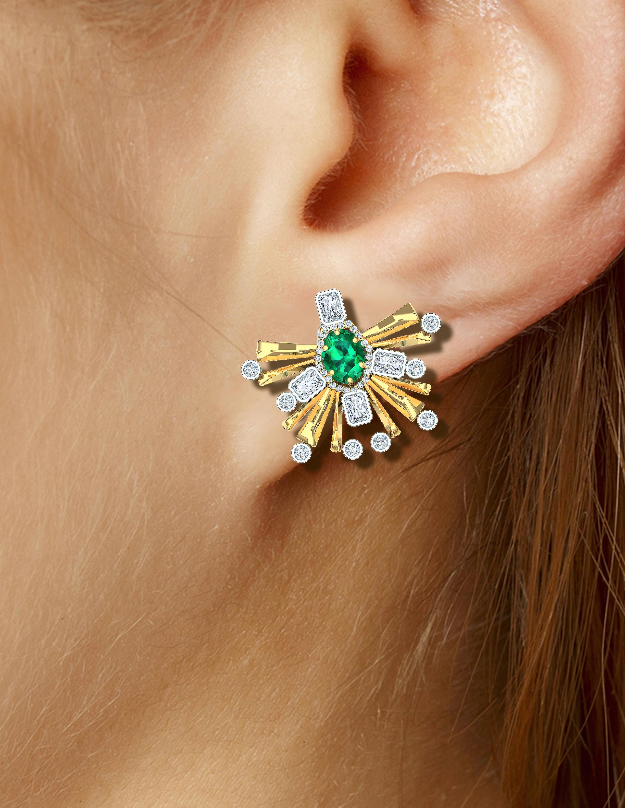 Women's or Men's Emerald and Radiant Diamond Cluster Starburst Earrings For Sale