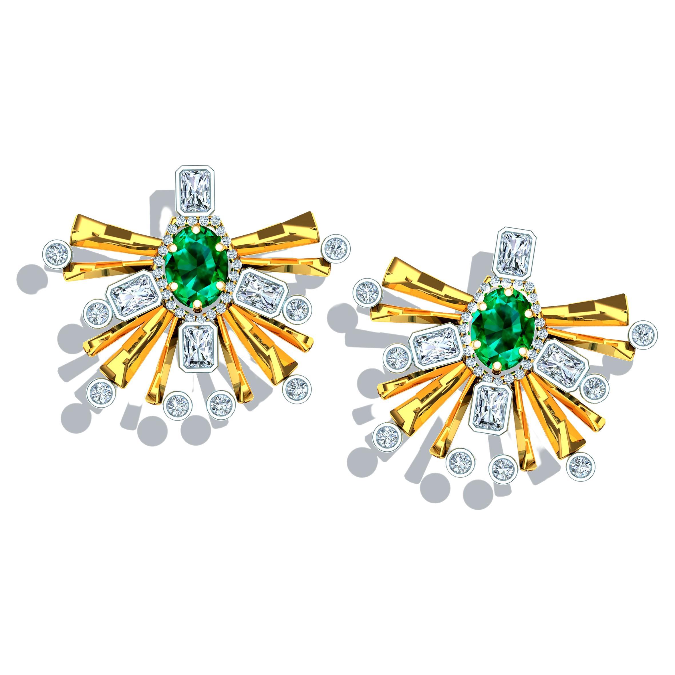 Emerald and Radiant Diamond Cluster Starburst Earrings For Sale
