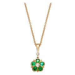 Emerald and Rose cut Diamond Rose Floral Yellow Gold Pendant Necklace