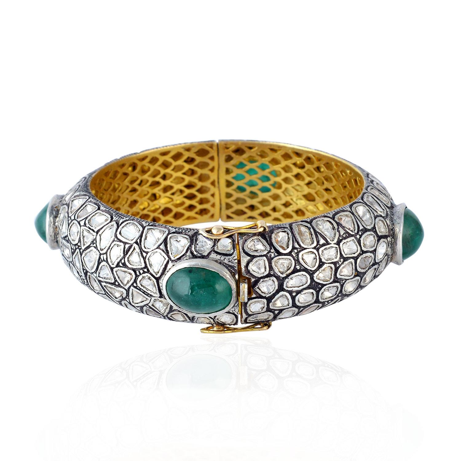 Bangle con smeraldo e diamante rosato in oro e argento 14 ct. In condizioni Nuovo in vendita a New York, NY