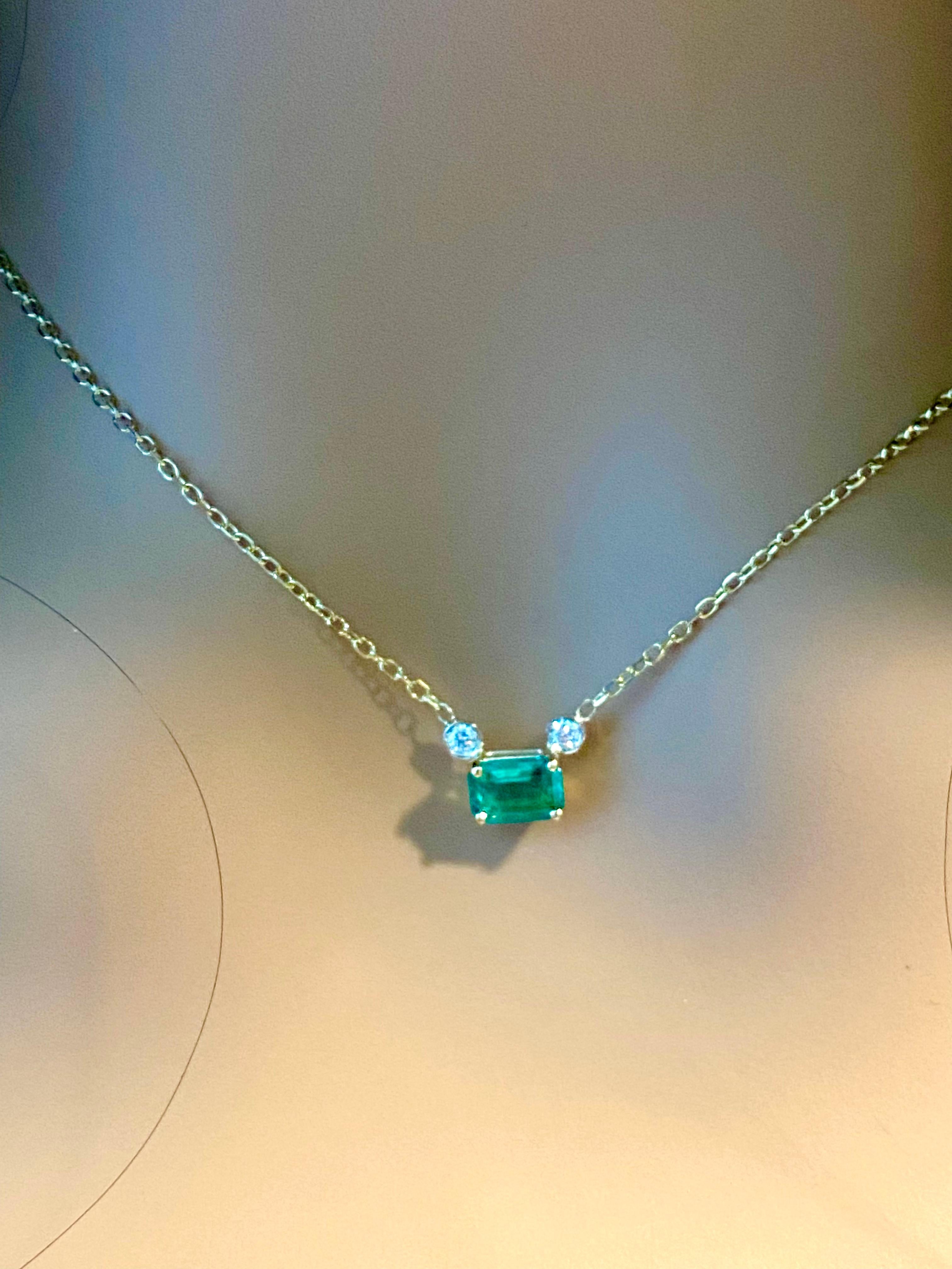 Emerald Cut Emerald and Round Diamond Yellow Gold Drop Pendant Necklace