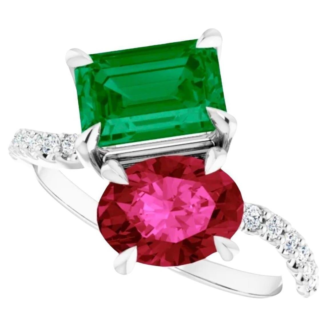 Emerald and Ruby Engagement Bypass "Toi Et Moi" Ring Platinum