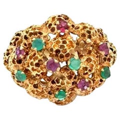 Emerald and Ruby Gold Nugget Dome Vintage Ring