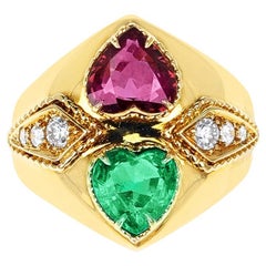 Vintage Emerald and Ruby Heart Ring with Diamonds, 18k