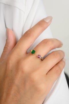 Emerald and Ruby Minimalist Two Stone Open Ring for Her in 18k Solid Gold