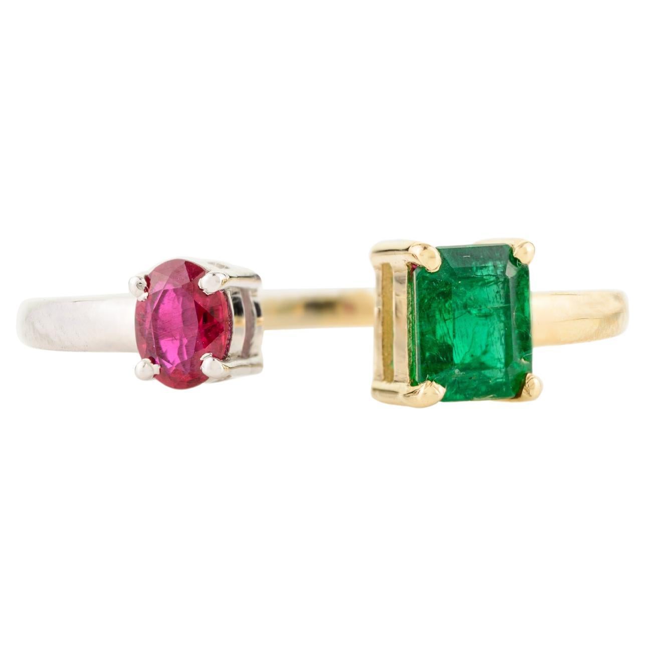 Emerald and Ruby Minimalist Two Stone Open Ring for Her in 18k Solid Gold