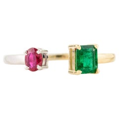 Emerald and Ruby Minimalist Two Stone Open Ring for Her in 18k Solid Gold