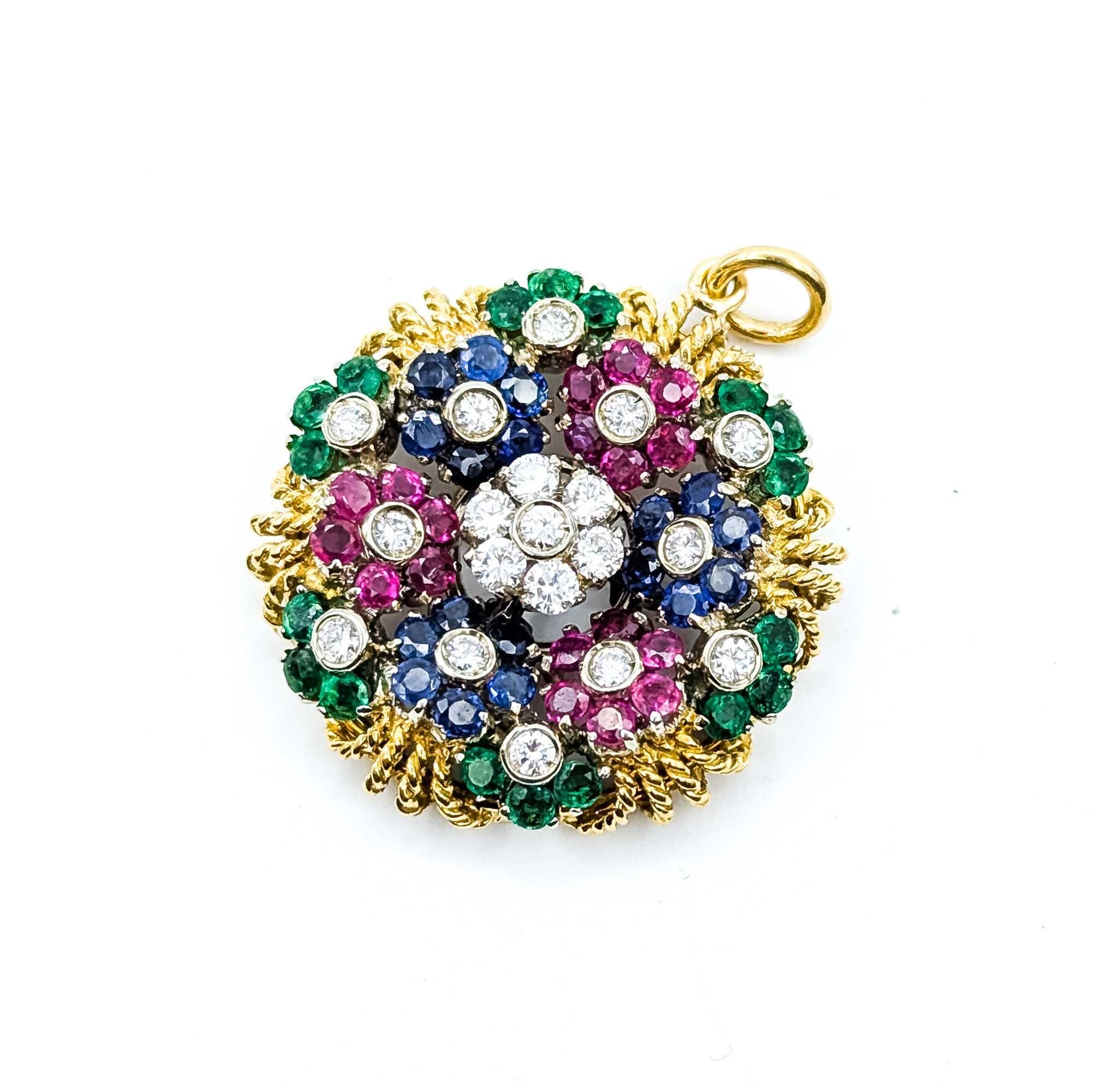 Contemporary Emerald and Ruby Pendant in 18k Yellow Gold For Sale