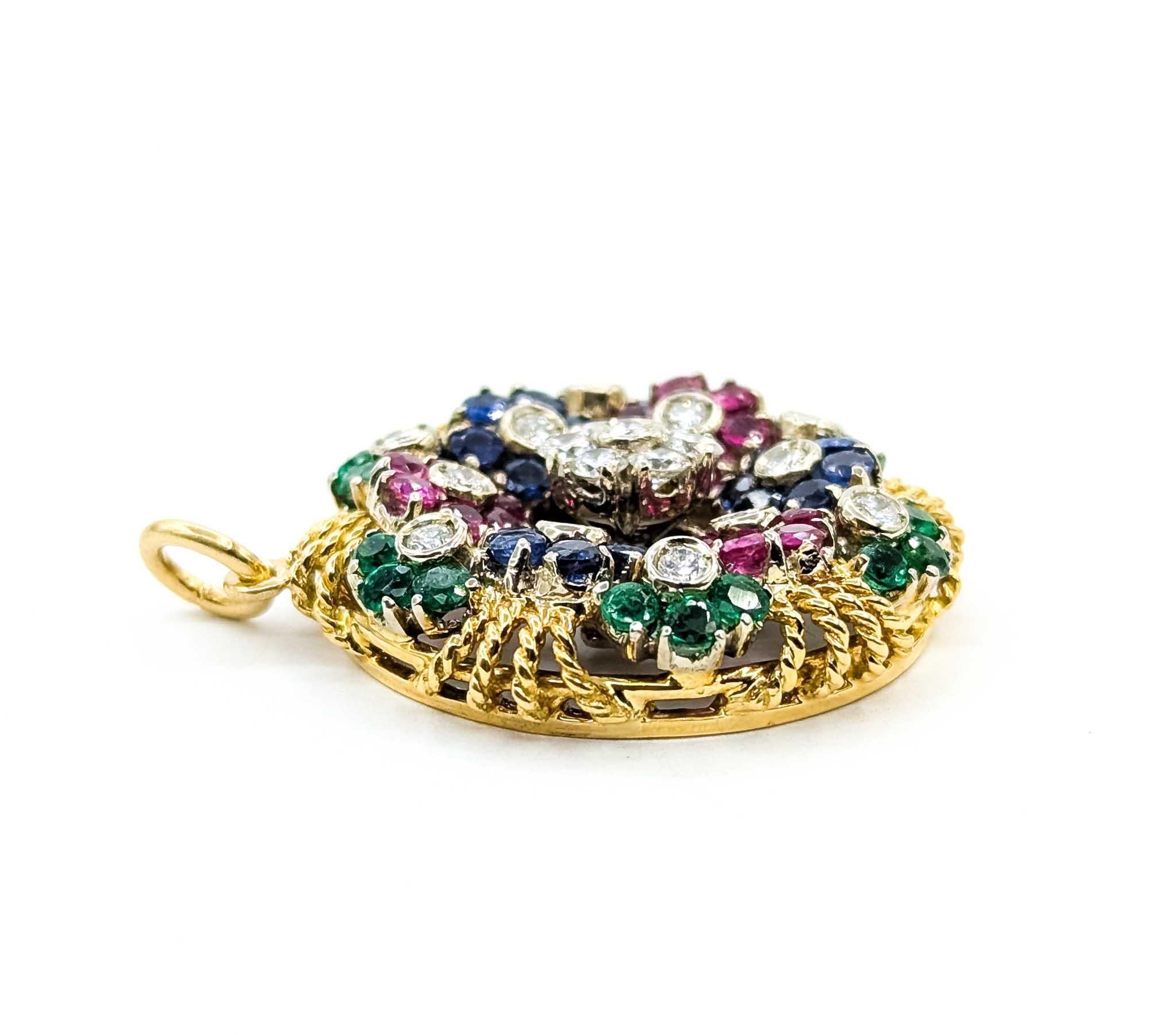 Emerald and Ruby Pendant in 18k Yellow Gold In Excellent Condition For Sale In Bloomington, MN