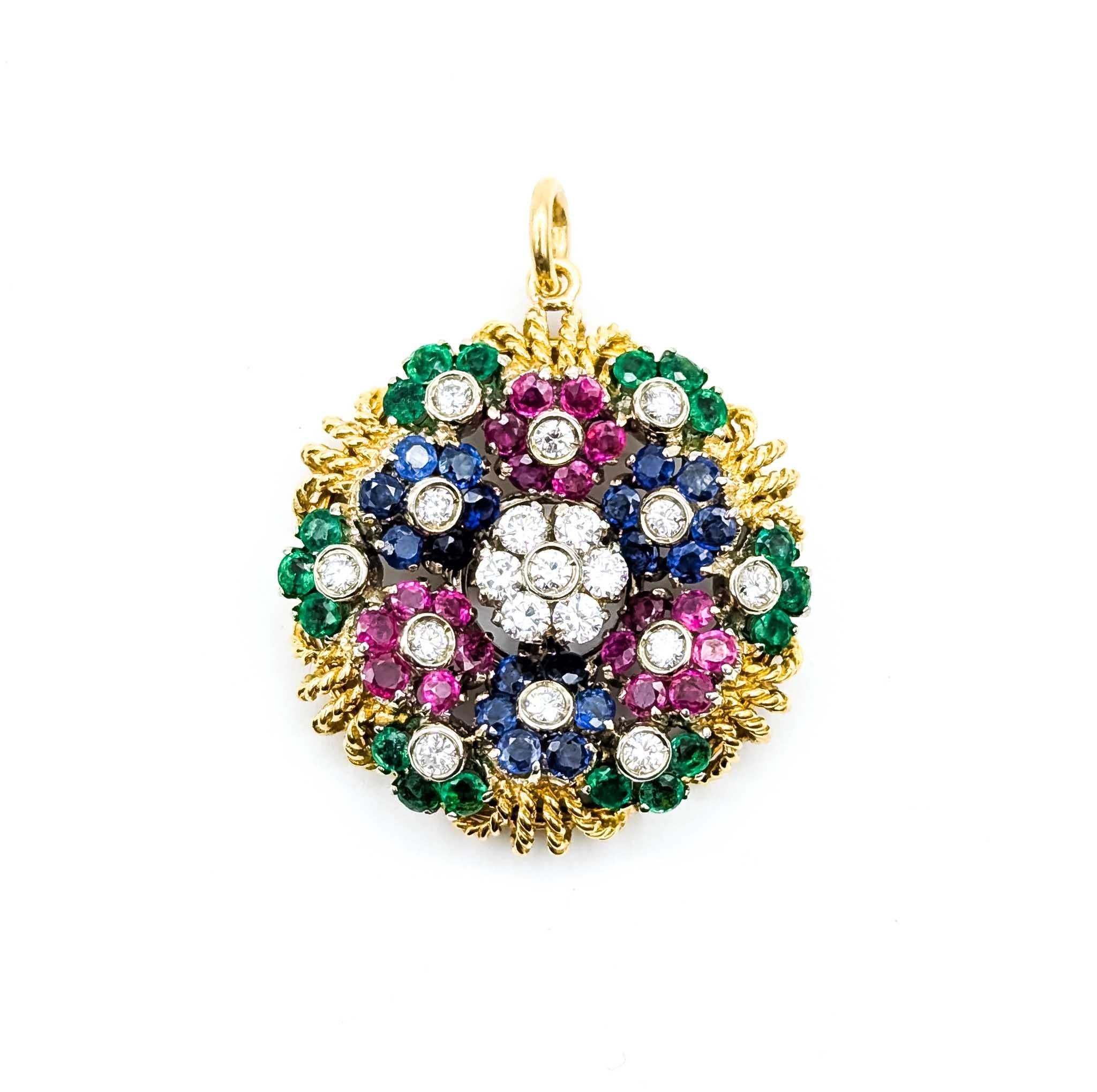 Women's Emerald and Ruby Pendant in 18k Yellow Gold For Sale