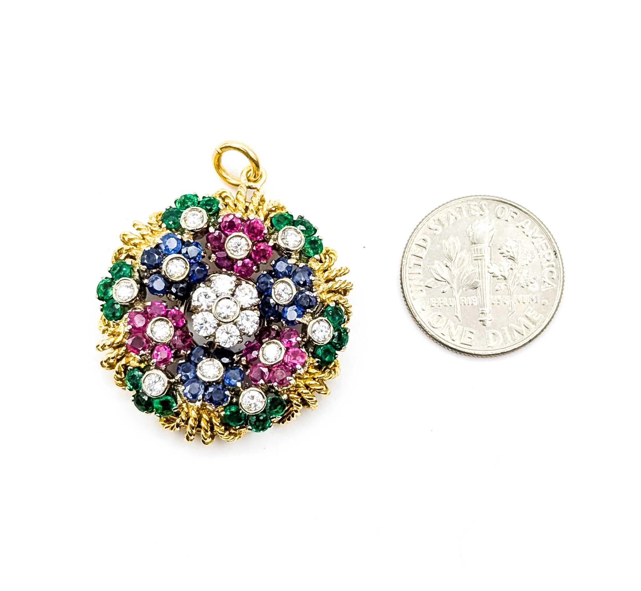 Emerald and Ruby Pendant in 18k Yellow Gold For Sale 1