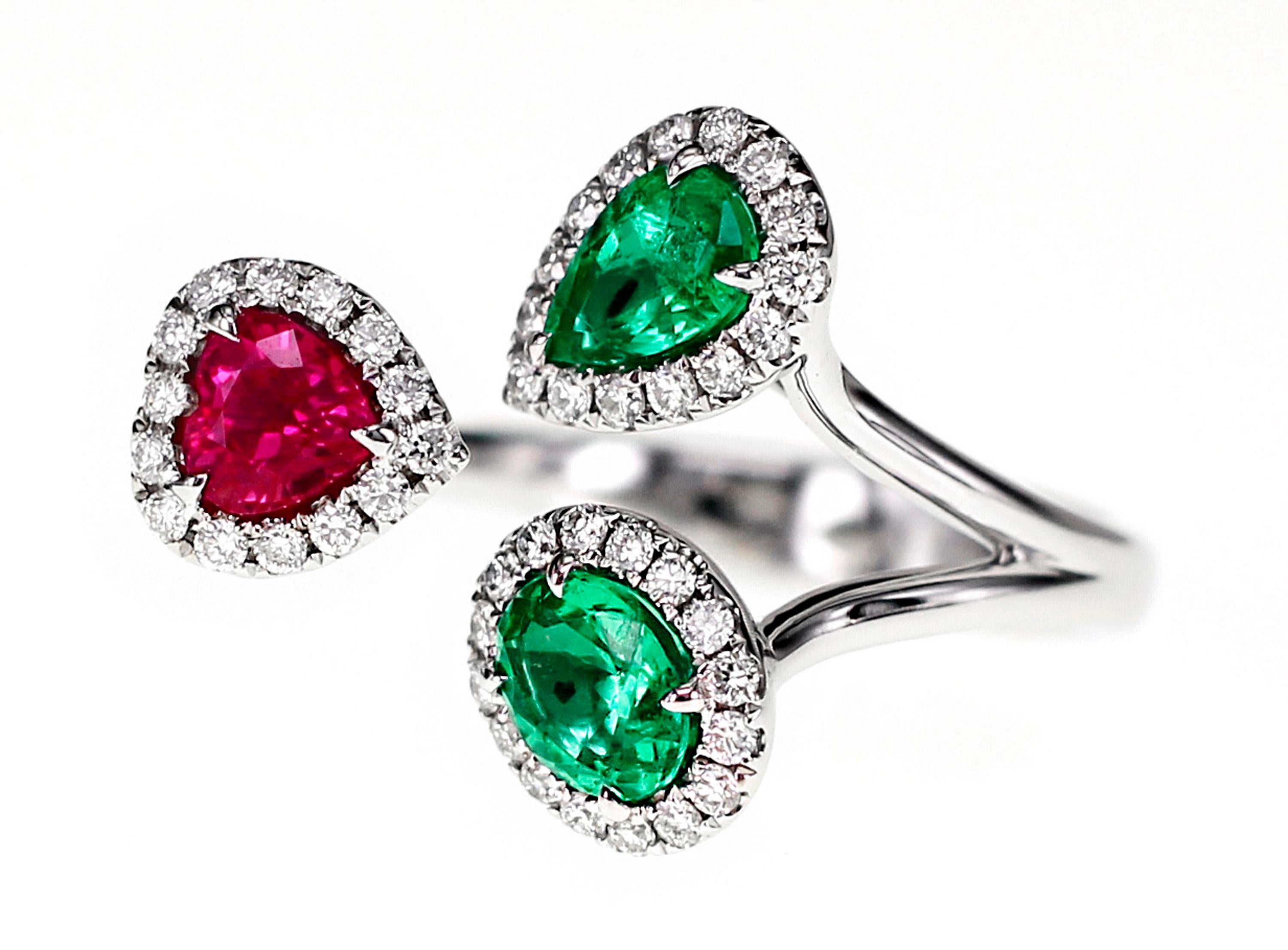 Showcasing from our Grandiosa Collection, a simple ring set with 0.82 carat of Zambian Emerald and 0.47 carat of Mozambique ruby is suitable for most hands. The ring is also set with 0.33 carat of white brilliant diamond. The diamond quality is F