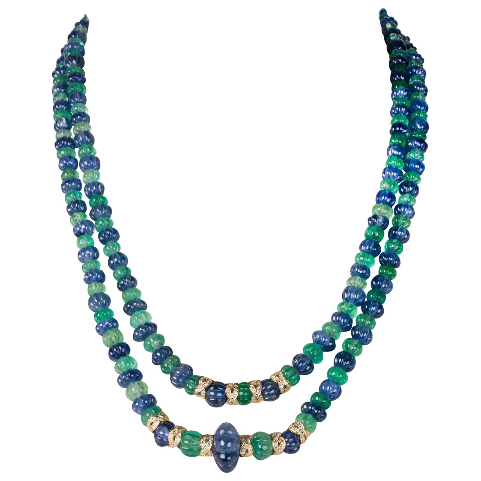 Emerald and Sapphire Carved Bead Necklace