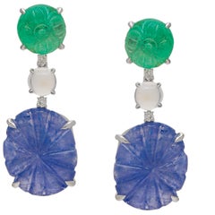 Emerald and Sapphire Carved Handcrafted Earring Pair with Diamond and Moonstone Emerald and Sapphire Carved Handcrafted Earring Pair with Diamond and Moonstone