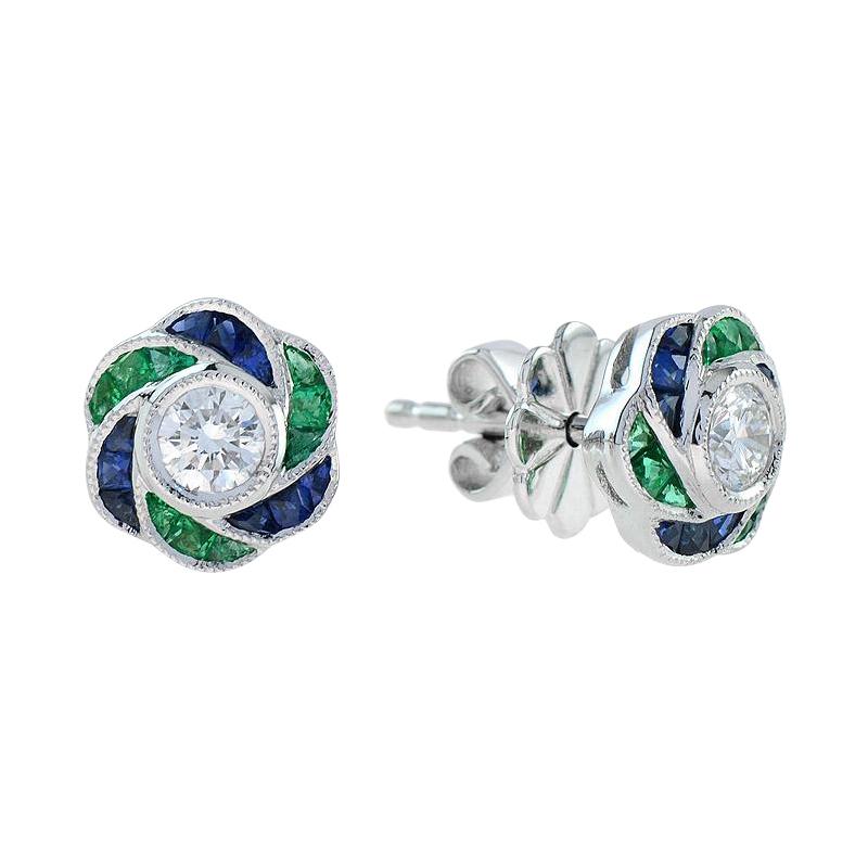 Round Cut Diamond with Emerald and Sapphire Floral Stud Earrings in 18K Gold