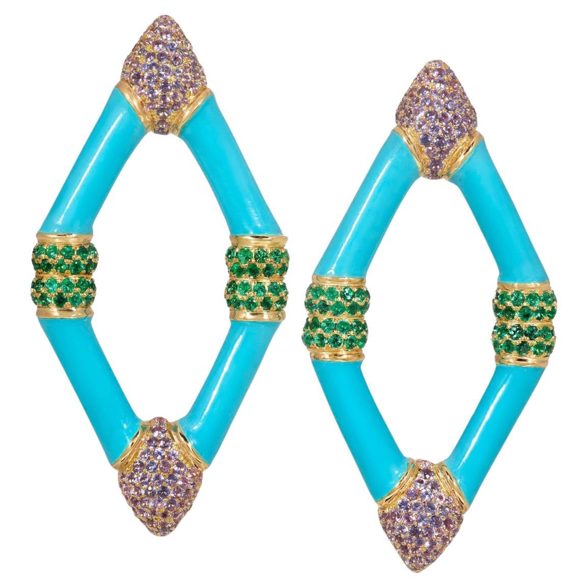 Emerald and Sapphire Drop Earrings set in Gold and Ceramic   For Sale