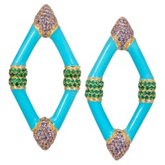 Used Emerald and Sapphire Drop Earrings set in Gold and Ceramic  