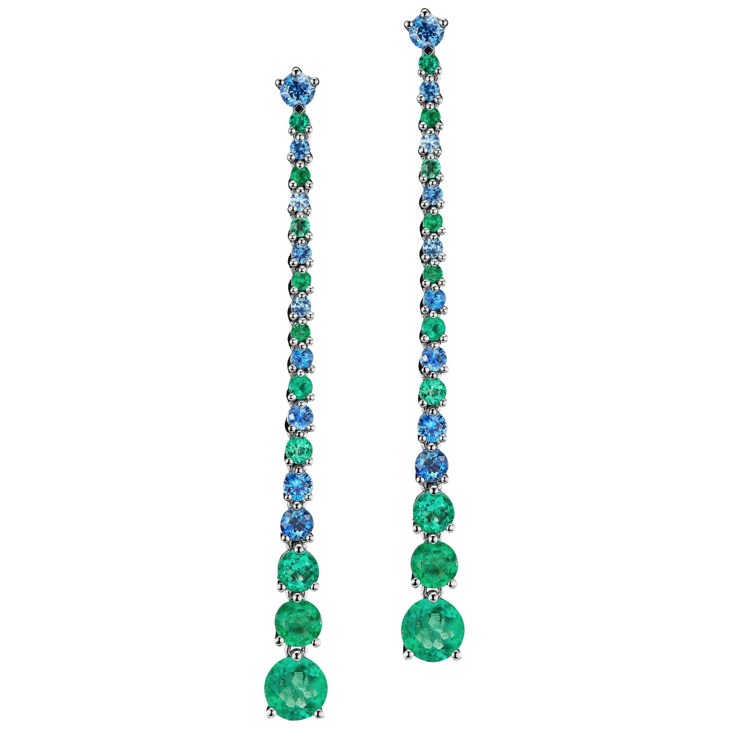 Emerald and Sapphire Drop Earrings Set in Platinum For Sale