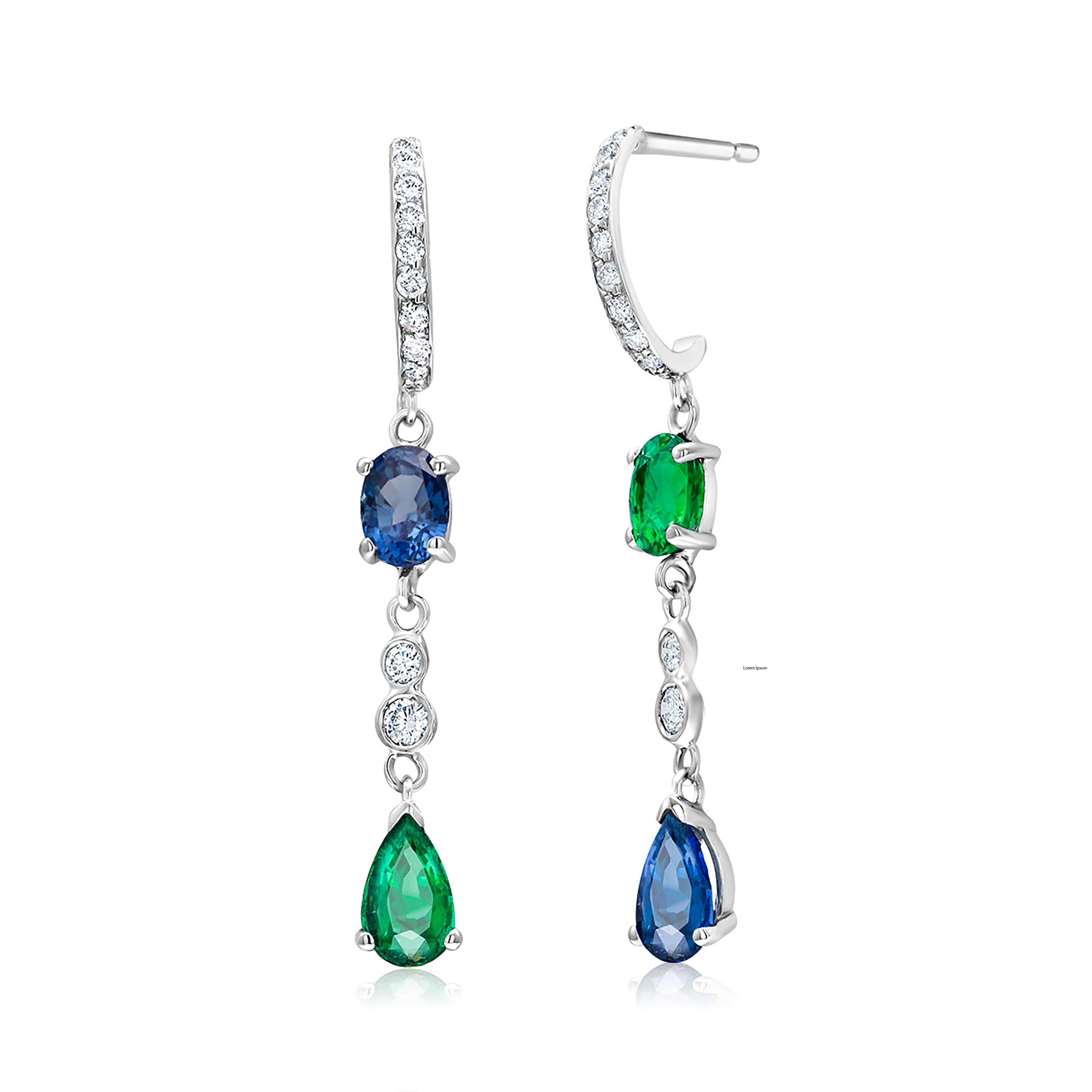 Pear Cut Emerald and Sapphire Matched and Mirrored Diamond Hoop Gold Earrings