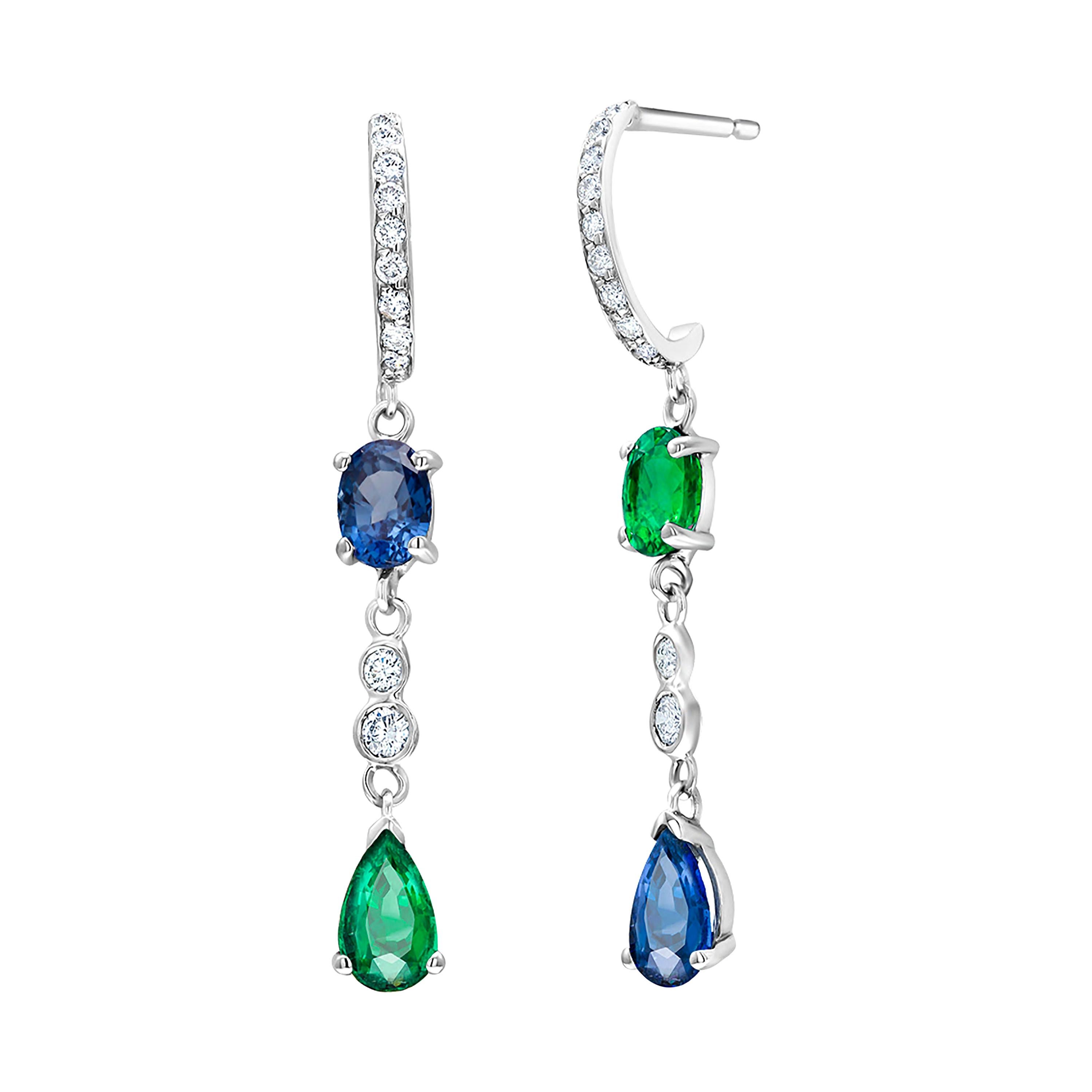 Emerald and Sapphire Matched and Mirrored Diamond Hoop Gold Earrings